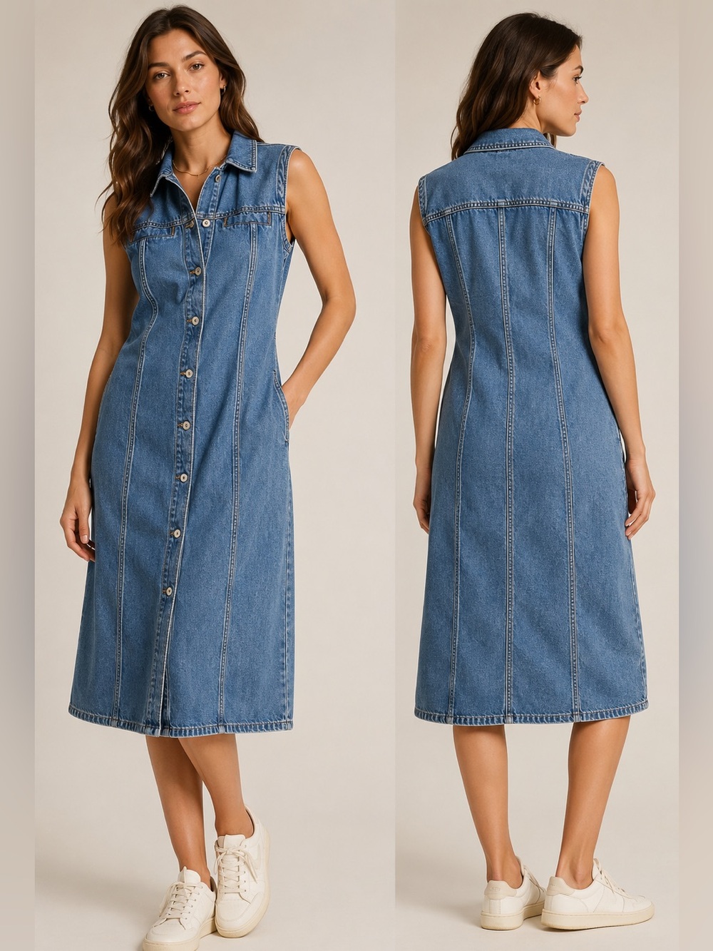 Alex Mill Denim Midi Shirtdress Sleeveless Button Front Collared Blue Jean Dress